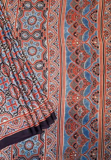 Ajrakh block printed Modal Silk Saree # 13