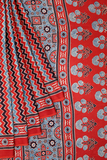 Ajrakh block printed Modal Silk Saree # 9