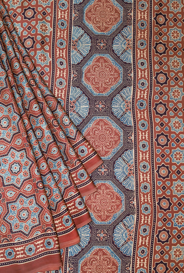 Ajrakh block printed Modal Silk Saree #23