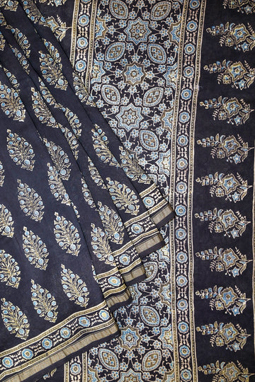 Ajrakh block printed Chanderi Silk Cotton Saree