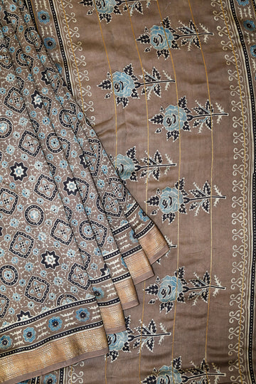 Ajrakh block printed Maheshwari Silk Cotton Saree