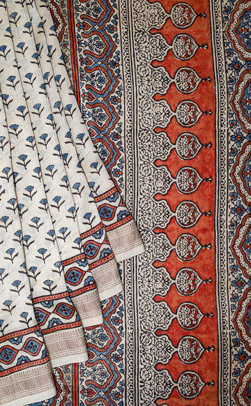Ajrakh block printed Maheshwari Silk Cotton Saree # 12