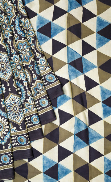Ajrakh block printed Modal Silk Saree