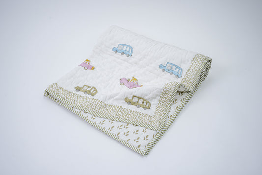 Cars motiff |Hand Block printed|Cotton Quilt for Kids| Reversible| Kids Blanket