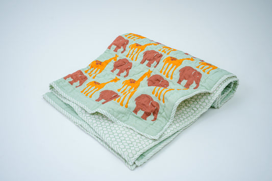 Jungle Friends |Hand Block printed|Cotton Quilt for Kids| Reversible| Kids Blanket