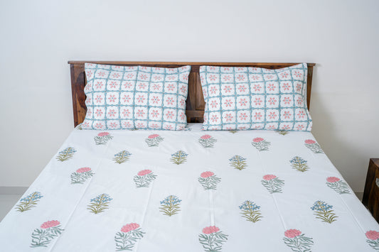 Floral Grandeaur| Handblock printed Bedsheet|Doublebed: Queen and King Size|300 TC Premium Cotton|Complementing pillow covers