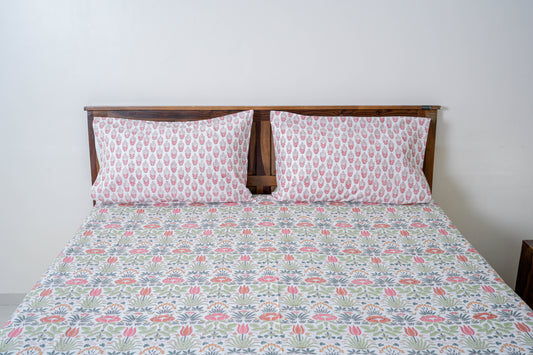 Bagicha l |Handblock printed Bedsheet|Doublebed: Queen and King Size|300 TC Premium Cotton|Complementing pillow covers