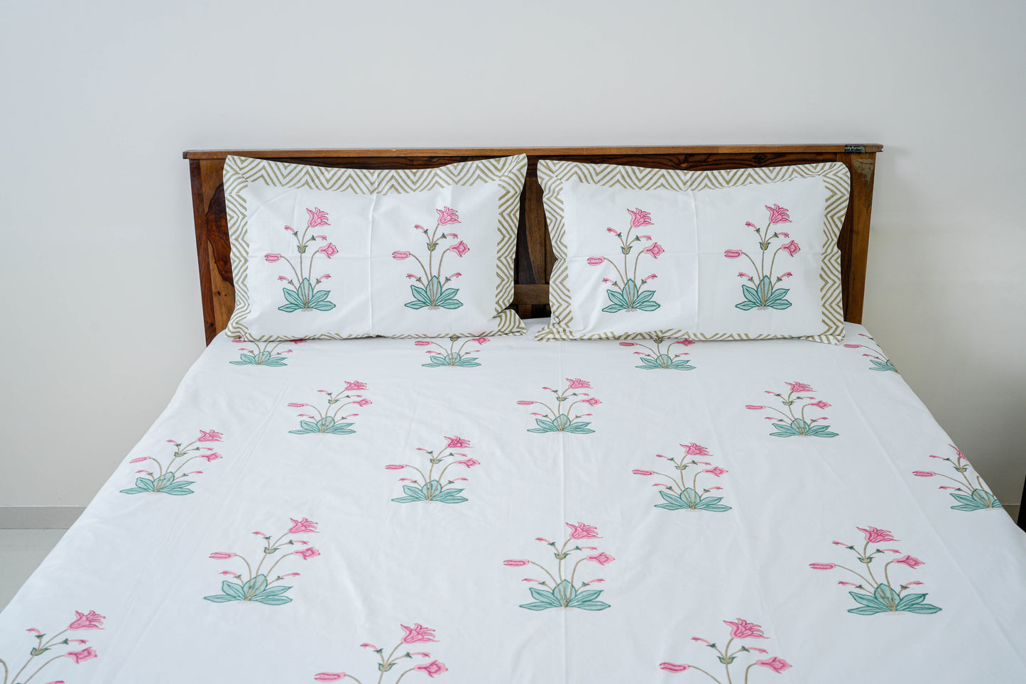 Water Lilies | Handblock printed Bedsheet|Double bed: Queen Size|300 TC Premium Cotton|Complementing pillow covers