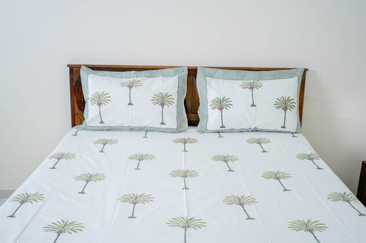 Palm tree|| Handblock printed Bedsheet|Double bed: Queen Size|300 TC Premium Cotton|Complementing pillow covers