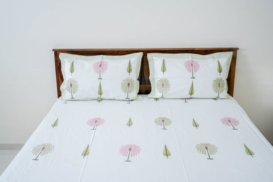 Cypress and Palm| Handblock printed Bedsheet|Double bed: Queen Size |210 TC Premium Cotton|Complementing pillow covers