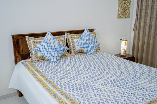 Yellow and Blue Paisley | Handblock printed Bedsheet|Double bed: King Size |400 TC Premium Cotton|Complementing pillow and cushion covers