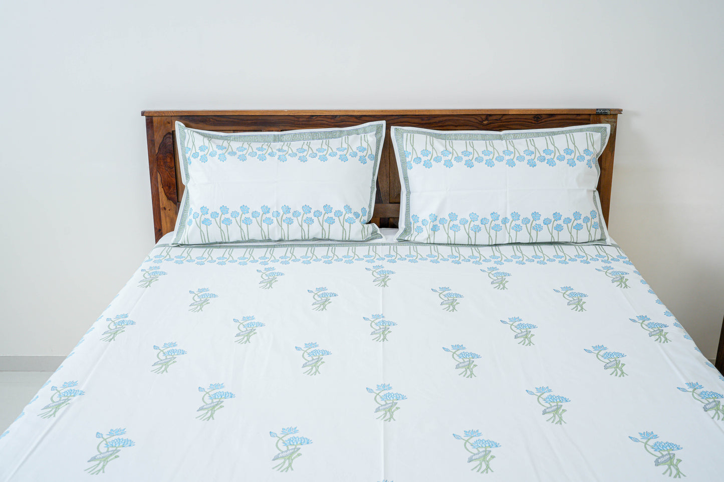 Blue Lotus | Handblock printed Bedsheet|Double bed: King Size |400 TC Premium Cotton|Complementing pillow covers