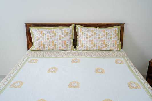 Jharoka| Handblock printed Bedsheet|Double bed: King Size |400 TC Premium Cotton| Complementing pillow covers