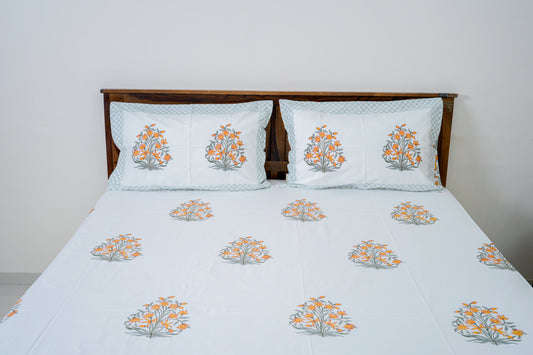 Yellow Jasmine | Handblock printed Bedsheet|Double bed: King Size |300 TC Premium Cotton|Reversible pillow covers