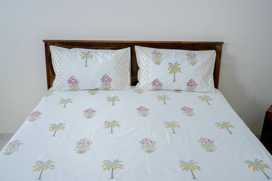 Palm and flowers|Handblock printed Bedsheet|Double bed: King Size |300 TC Premium Cotton|Reversibe pillow covers