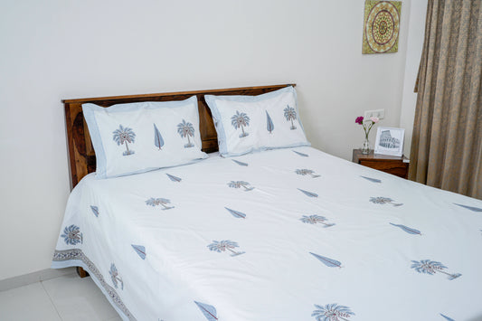 Cypress leaf and palm |Handblock printed Bedsheet|Double bed: King Size |300 TC Premium Cotton|Reversibe pillow covers