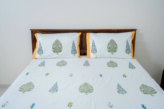 Happy Home|Handblock printed Bedsheet|Double bed: King Size |300 TC Premium Cotton|Reversibe pillow covers