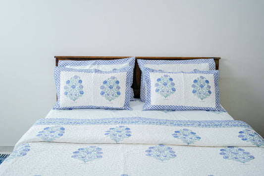 Royal Blueganza |Handblock printed Quilted Bedcover|Double bed: Queen Size |Premium MulmulCotton|Organic Cotton sheet filling|Complementing  pillow covers