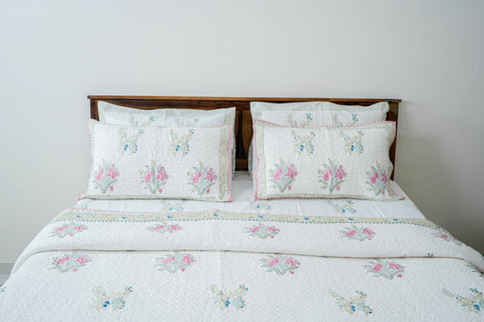 Spring Bloom|Handblock printed Quilted Bedcover|Double bed: Queen Size |Premium MulmulCotton|Organic Cotton sheet filling|Complementing  pillow covers