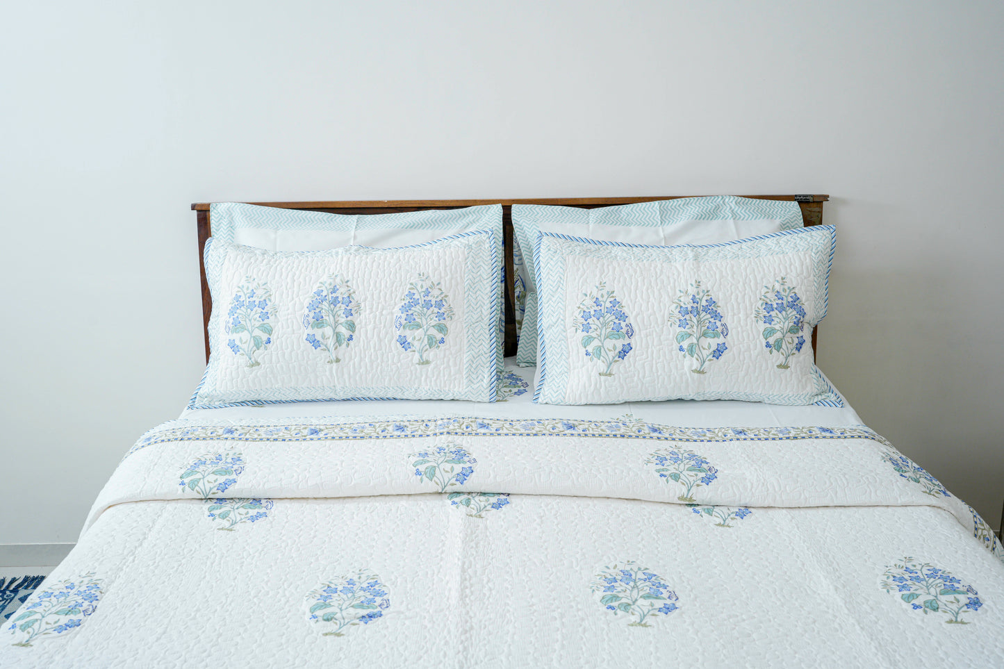 Blue Jasmine|Handblock printed Quilted Bedcover|Double bed: Queen Size |Premium MulmulCotton|Organic Cotton sheet filling|Complementing  pillow covers