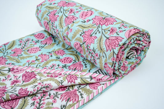 Pink roses on blue | Handblock printed Reversible Mulmul Dohar