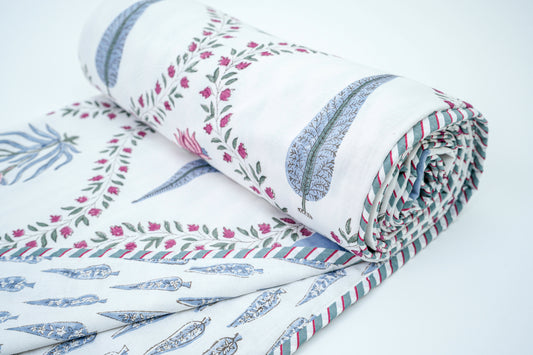 Roses with Cyprus leaf | Handblock printed Reversible Mulmul Dohar