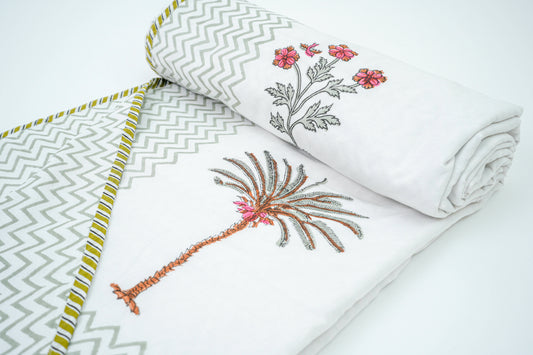 Palm tree and Flower | Handblock printed Reversible Mulmul Dohar