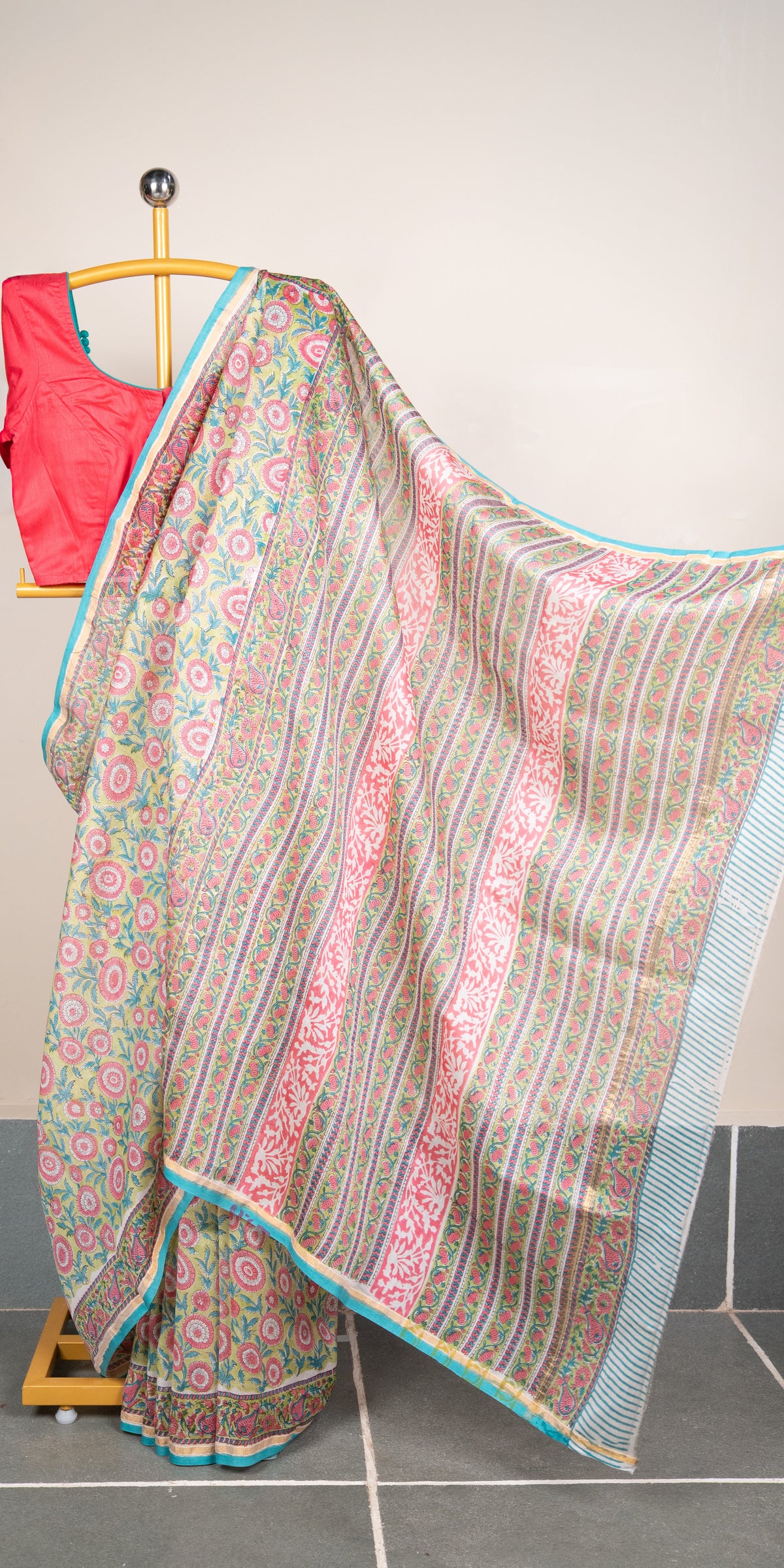Sanganeri Blockprinted Chanderi SilkCotton Saree # 85