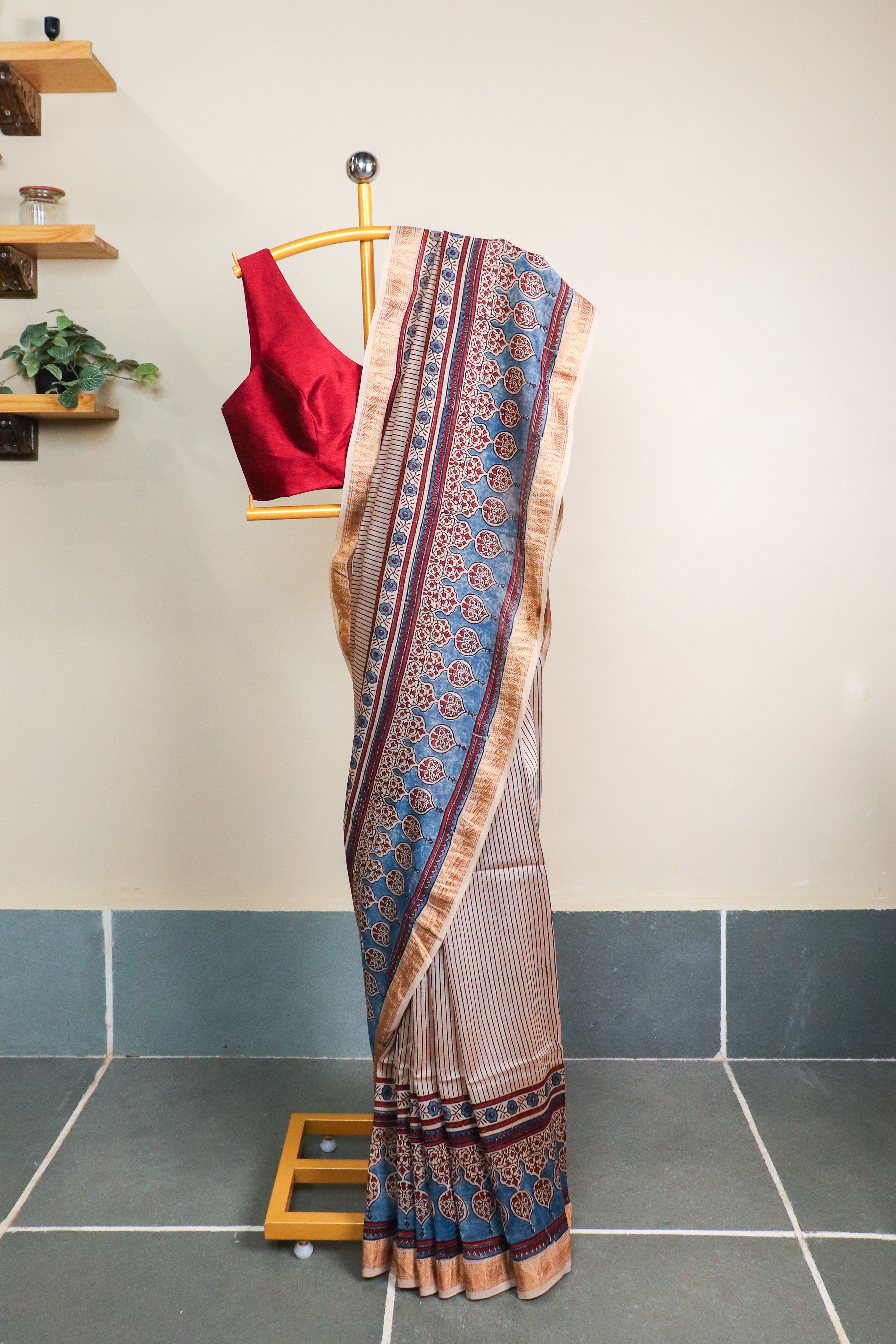 Ajrakh Blockprinted Maheshwari silkcotton saree # 61