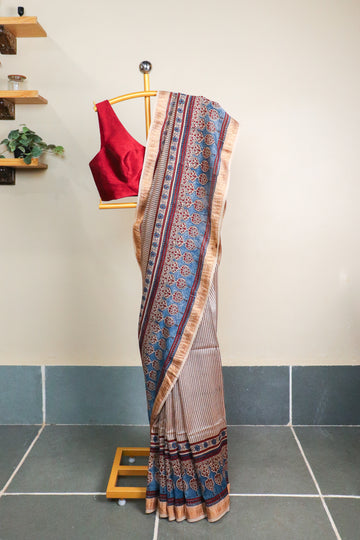 Ajrakh Blockprinted Maheshwari silkcotton saree # 61