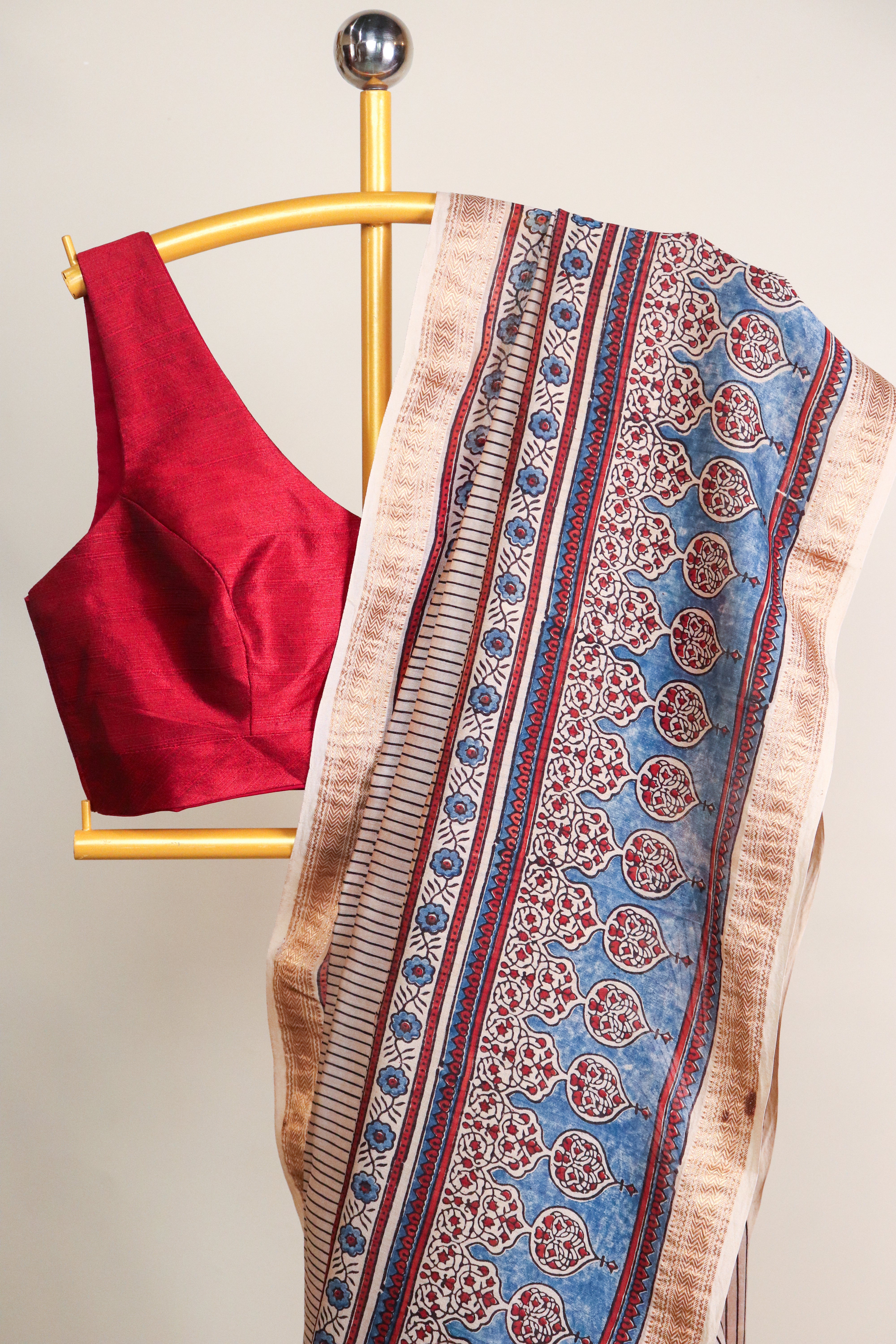 Ajrakh Blockprinted Maheshwari silkcotton saree # 61