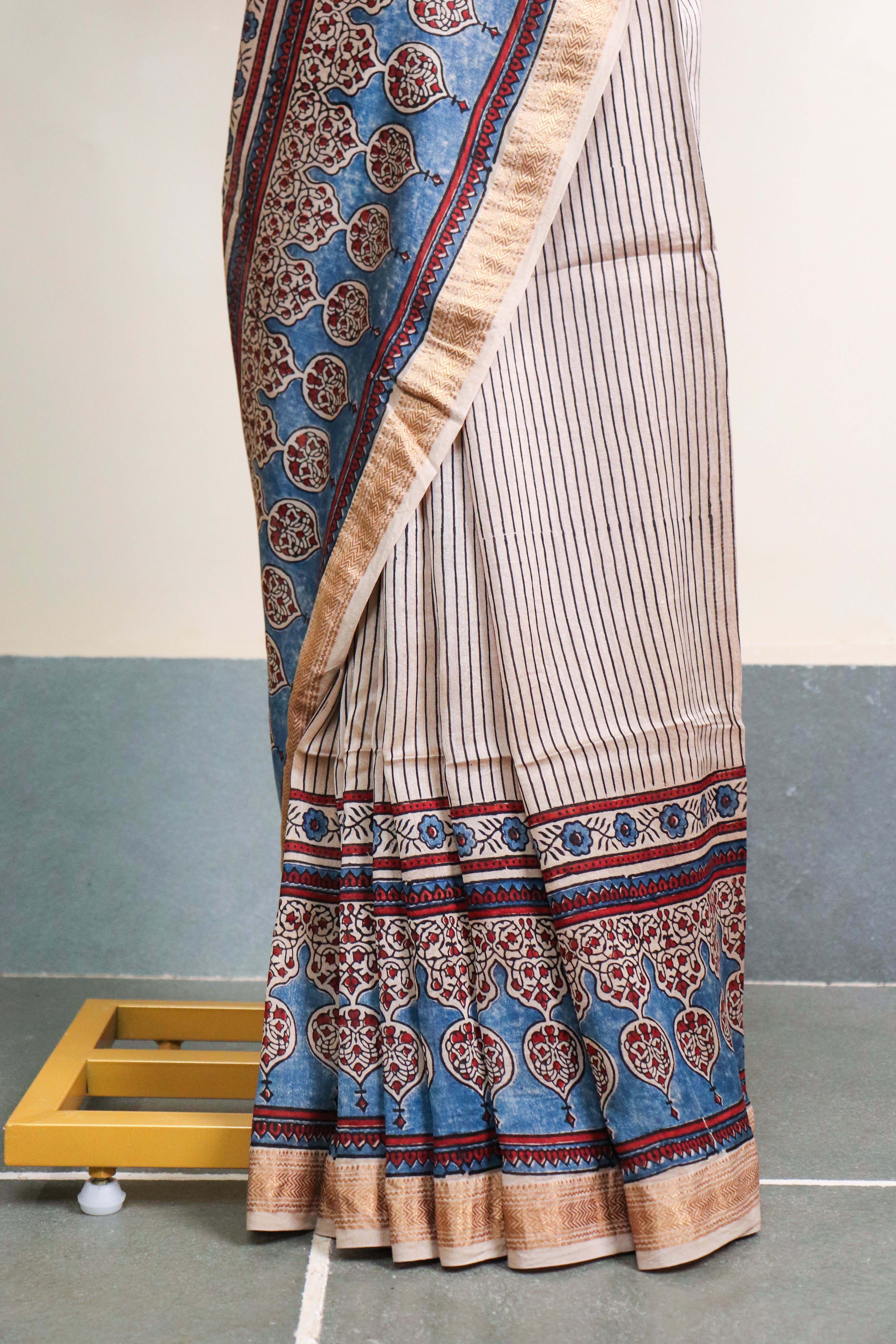Ajrakh Blockprinted Maheshwari silkcotton saree # 61