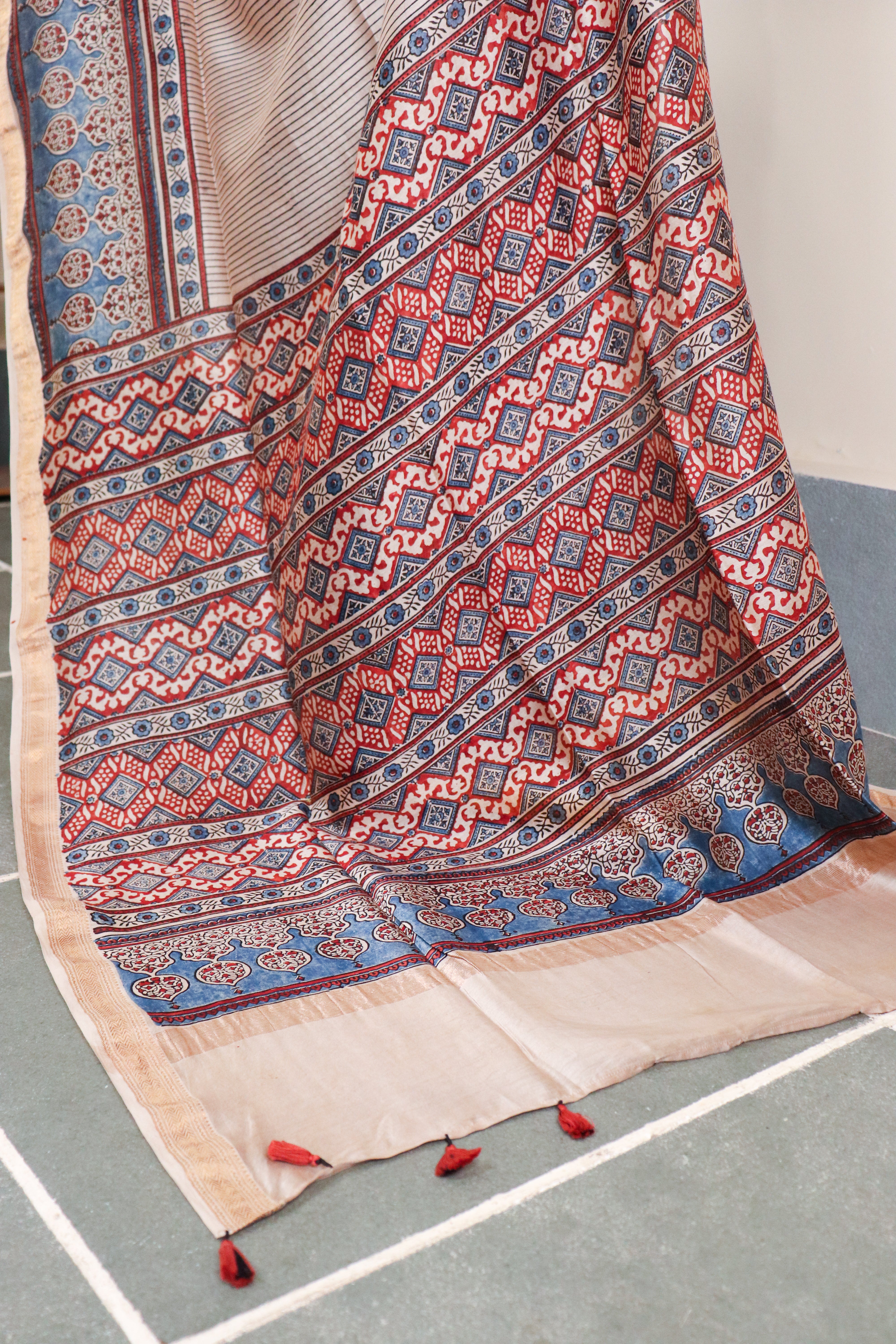 Ajrakh Blockprinted Maheshwari silkcotton saree # 61