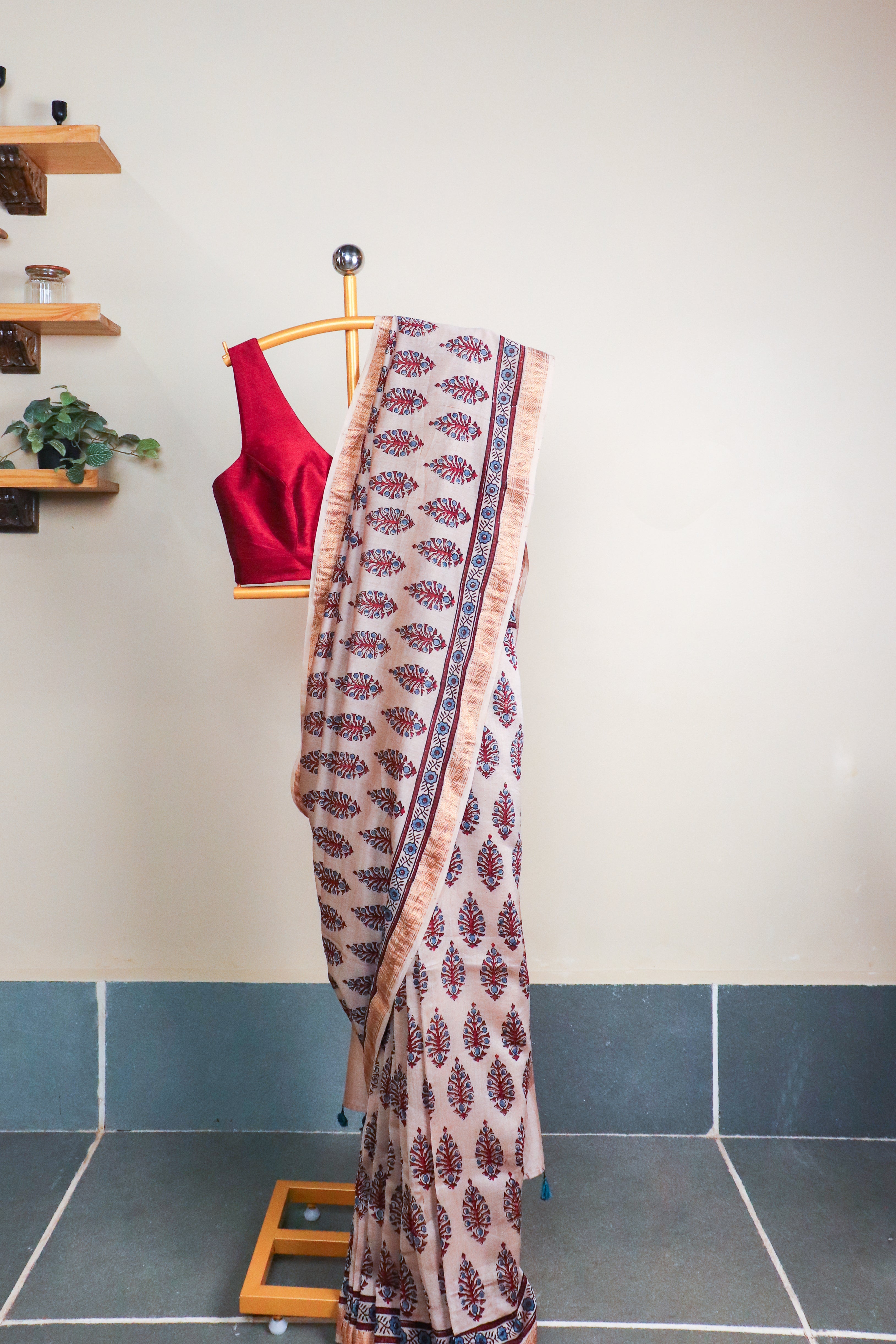 Ajrakh Blockprinted Maheshwari silkcotton saree # 62