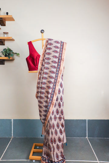 Ajrakh Blockprinted Maheshwari silkcotton saree # 62