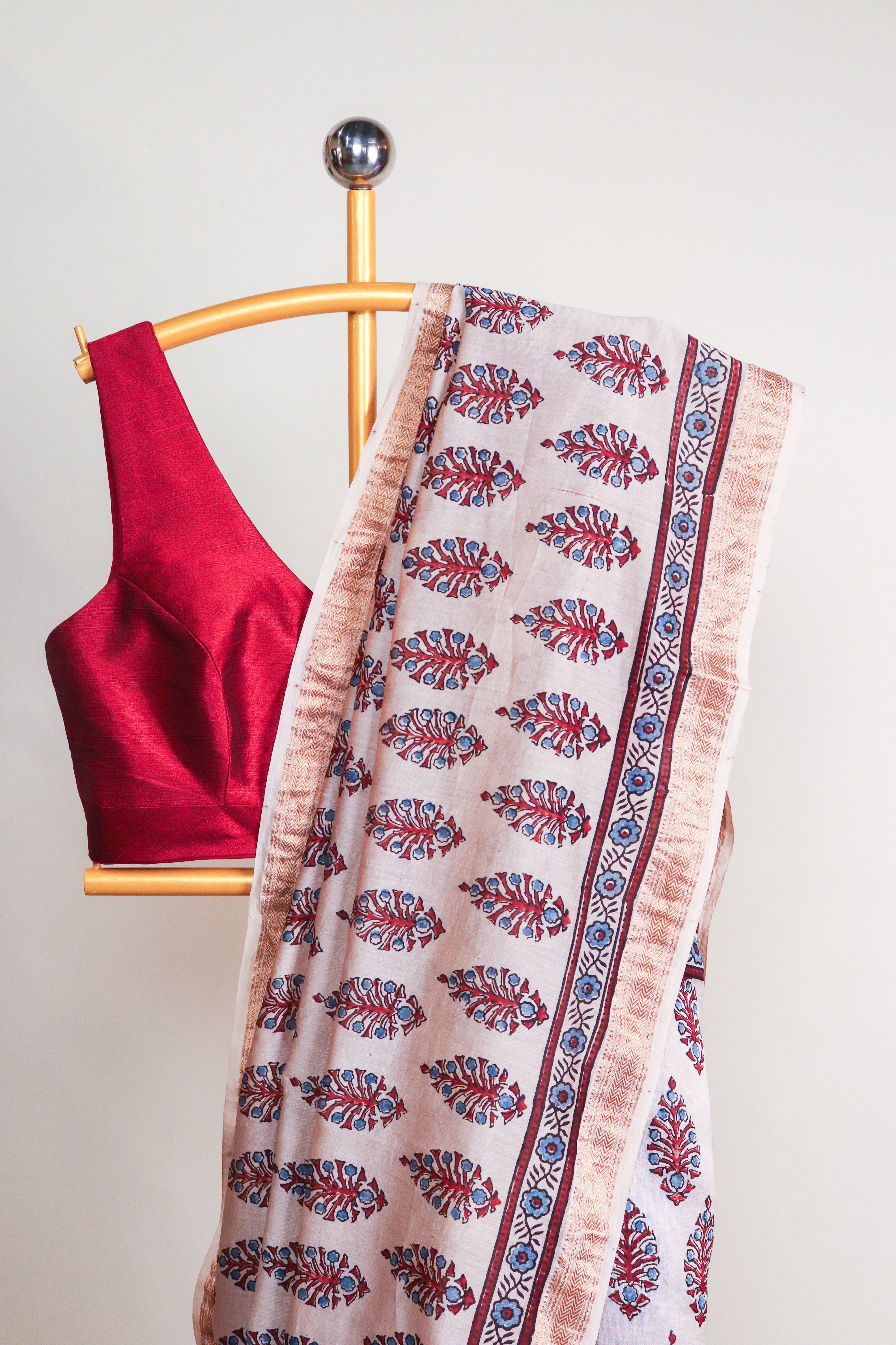 Ajrakh Blockprinted Maheshwari silkcotton saree # 62