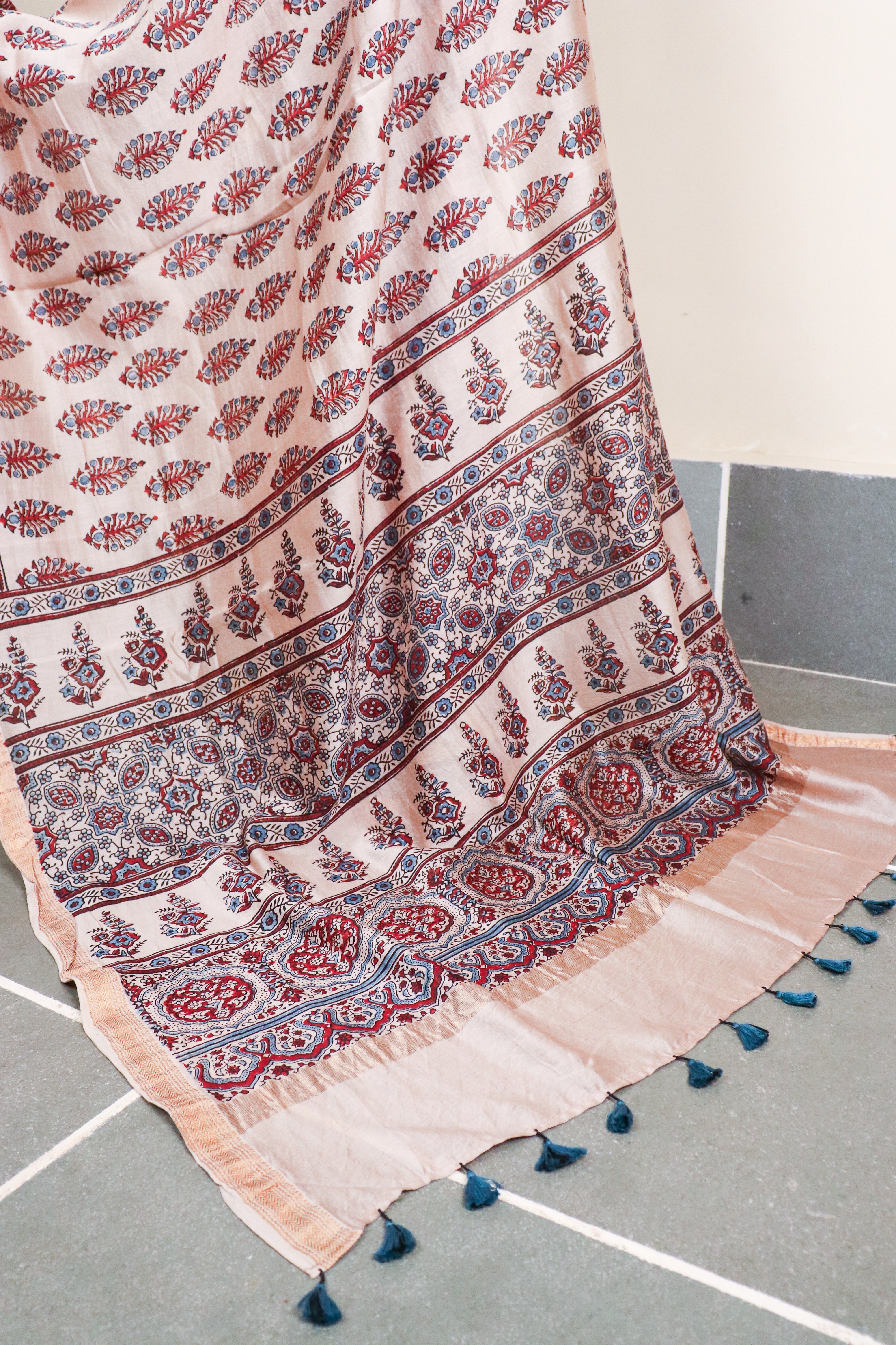 Ajrakh Blockprinted Maheshwari silkcotton saree # 62