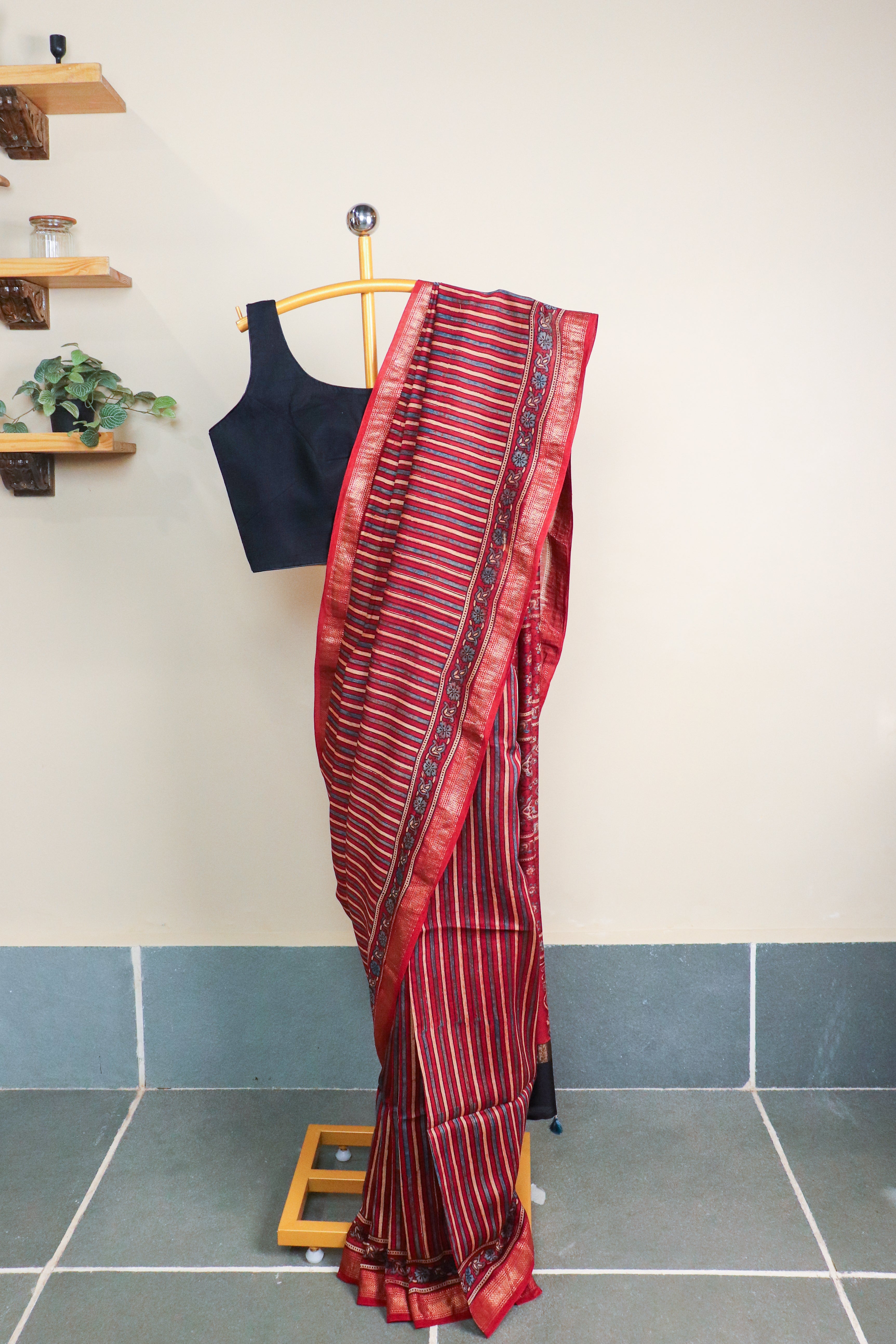 Ajrakh Blockprinted Maheshwari silkcotton saree # 63