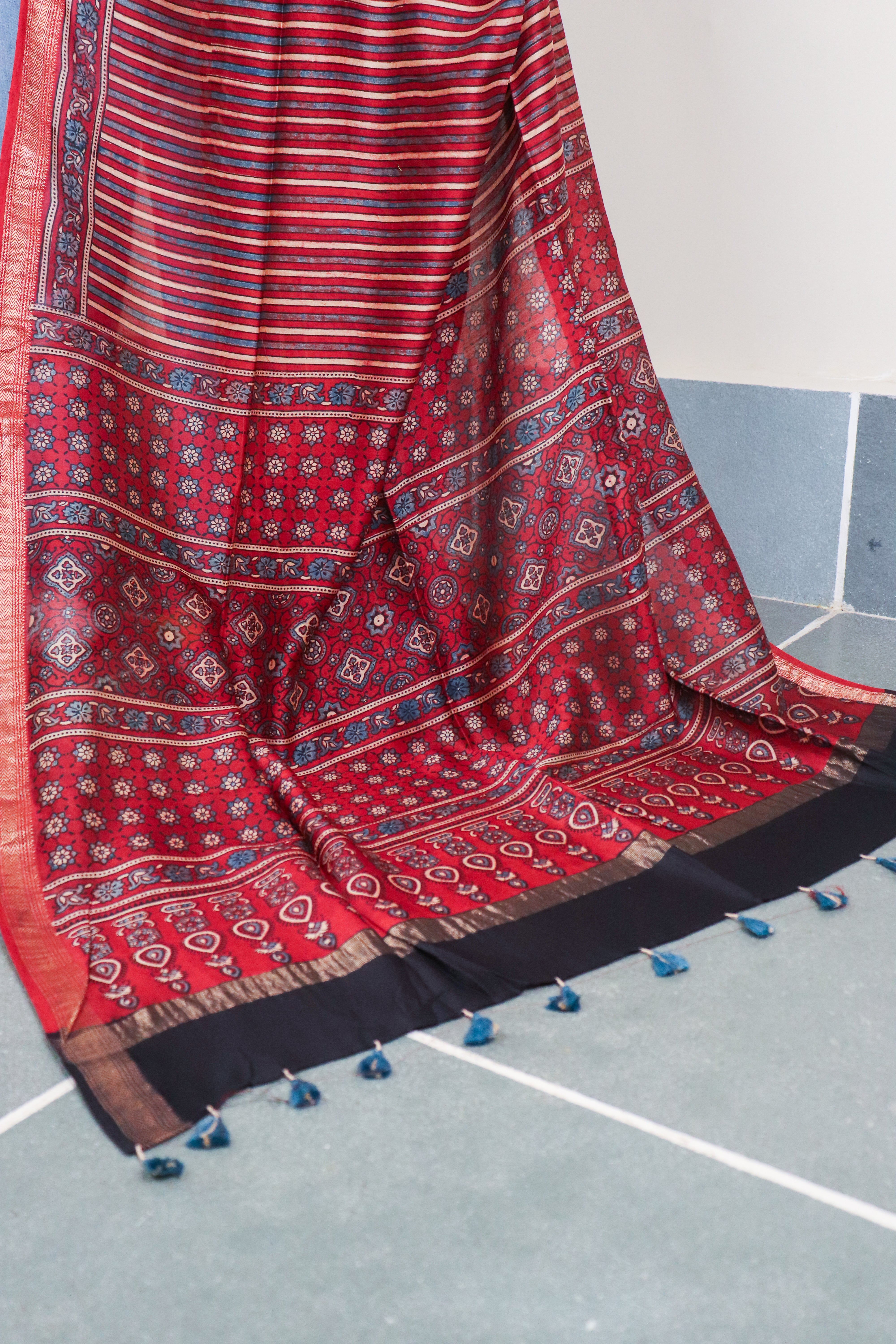 Ajrakh Blockprinted Maheshwari silkcotton saree # 63