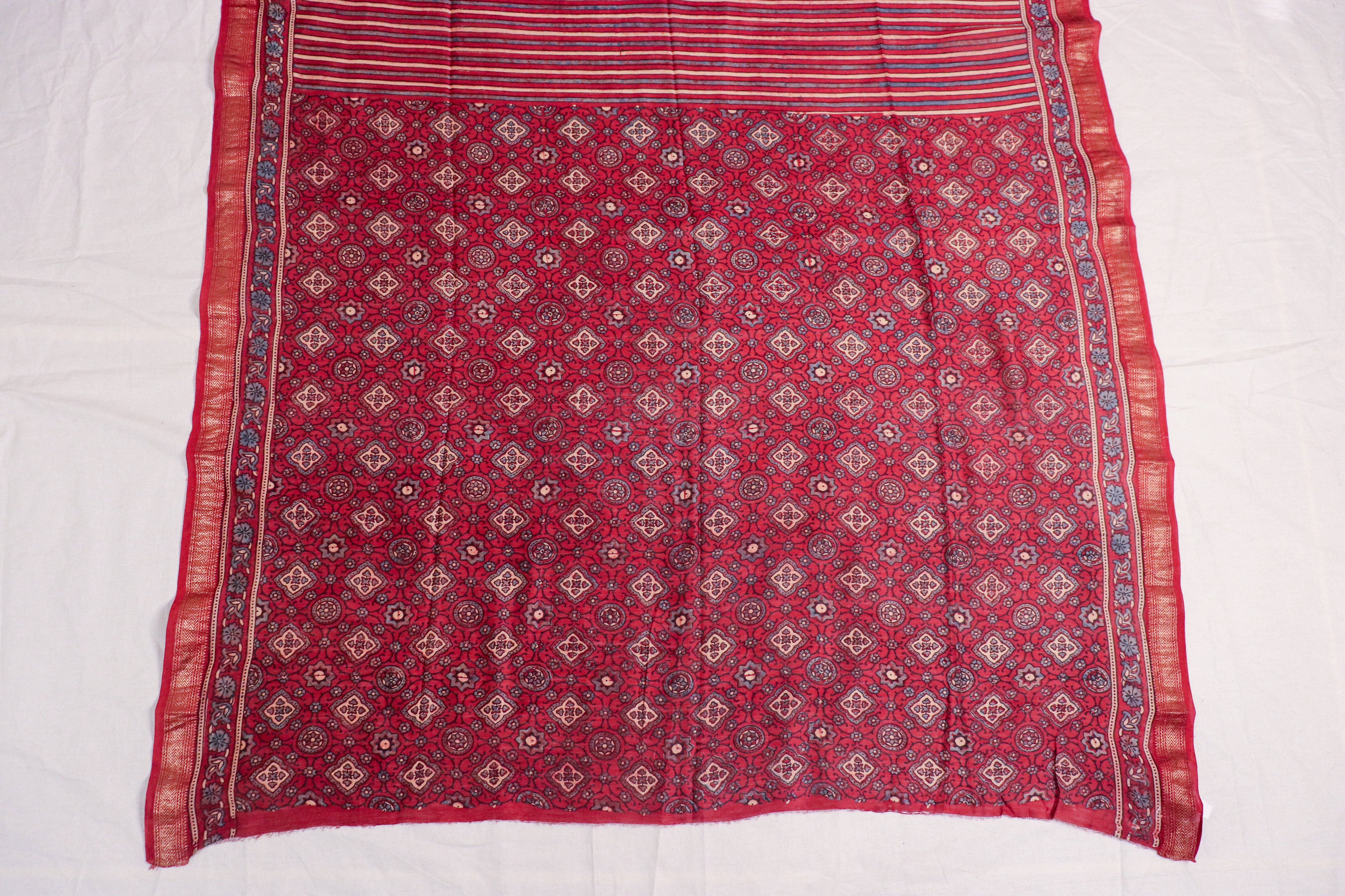 Ajrakh Blockprinted Maheshwari silkcotton saree # 63