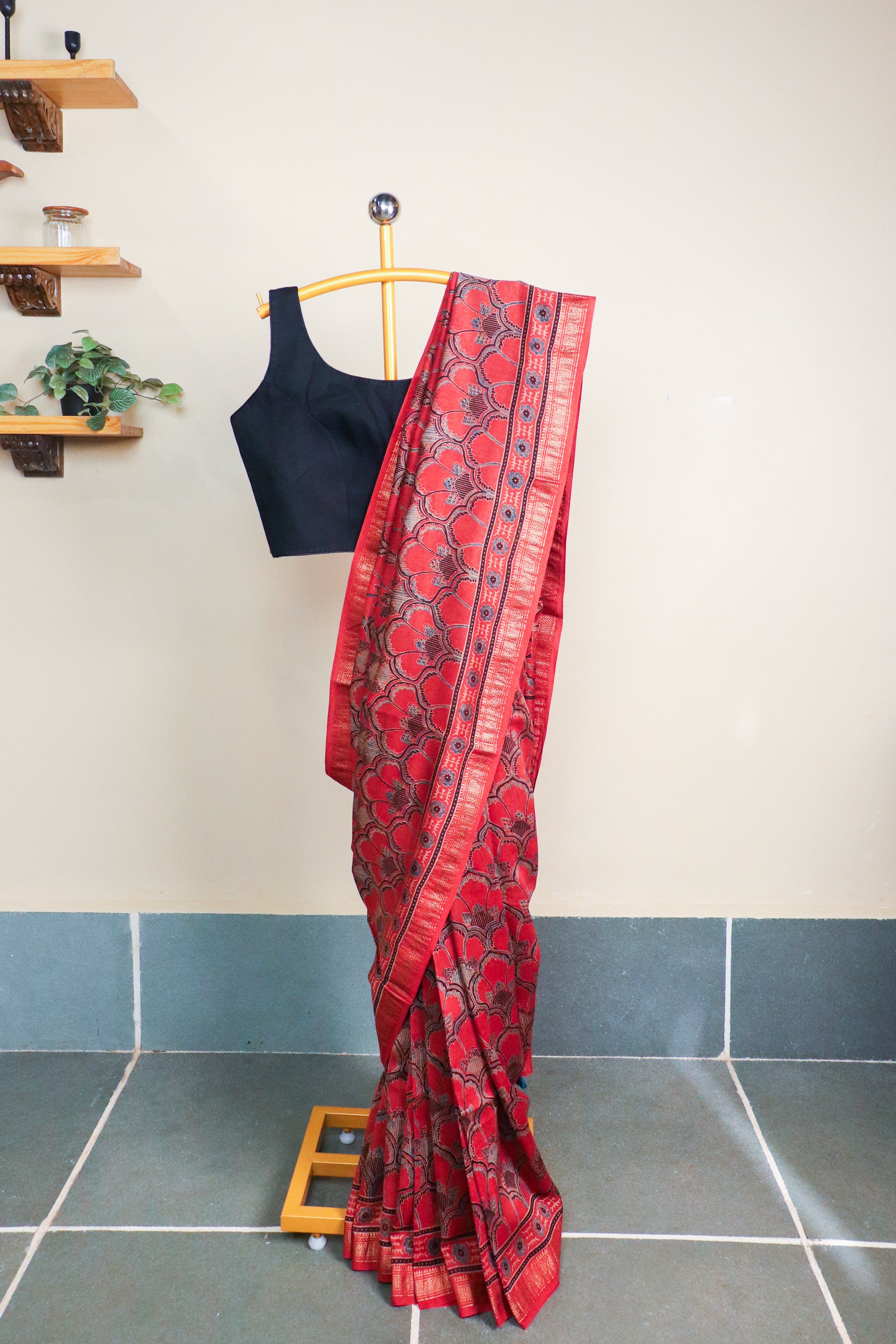 Ajrakh Blockprinted Maheshwari silkcotton saree # 64
