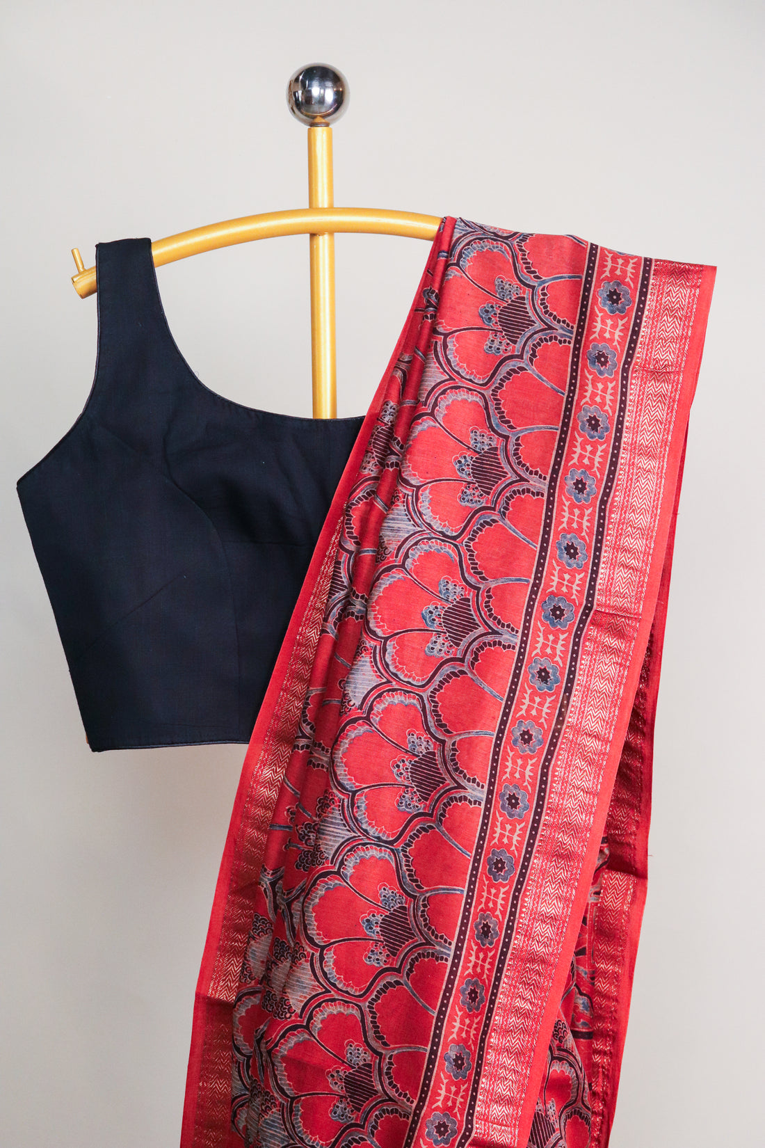 Ajrakh Blockprinted Maheshwari silkcotton saree # 64