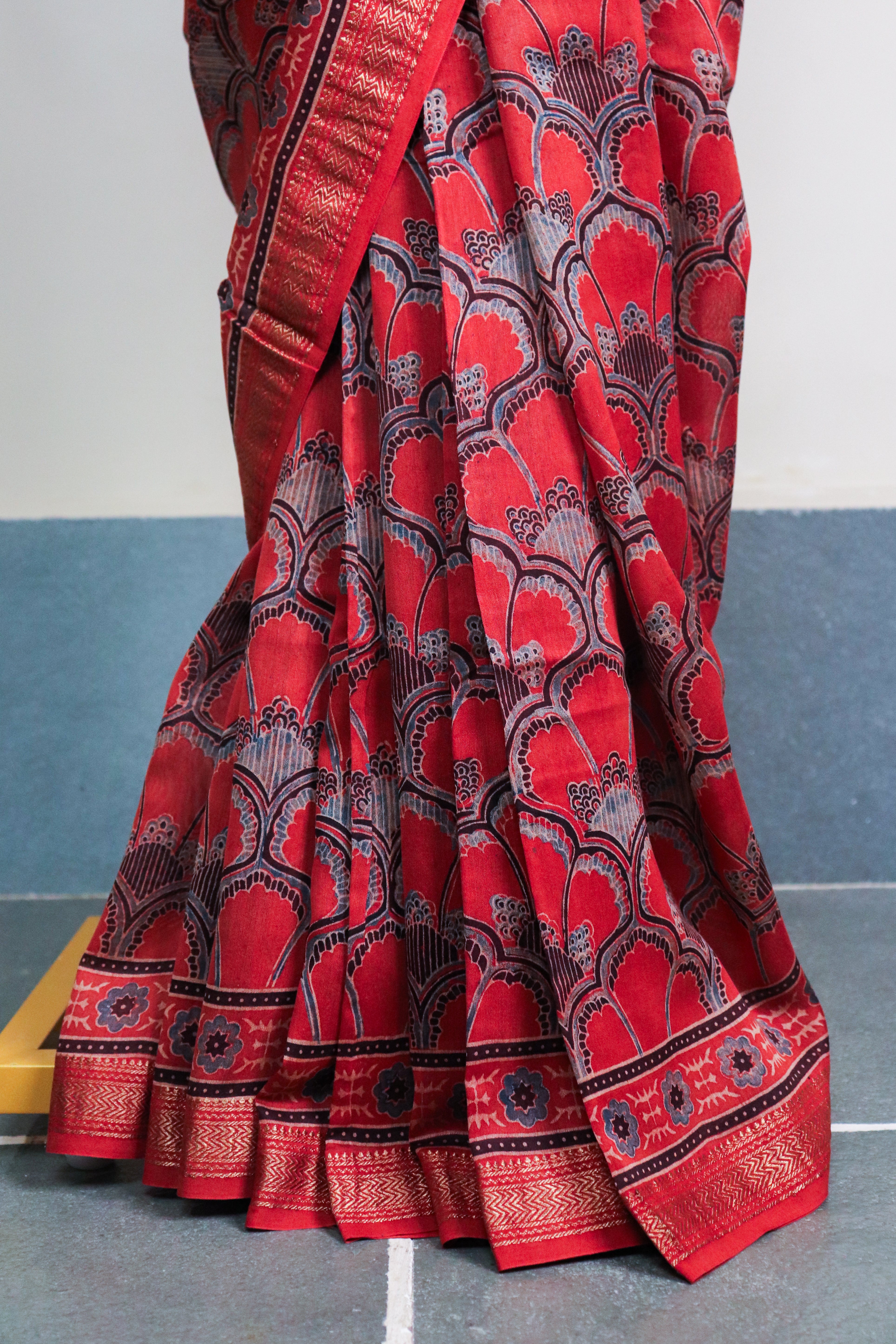 Ajrakh Blockprinted Maheshwari silkcotton saree # 64