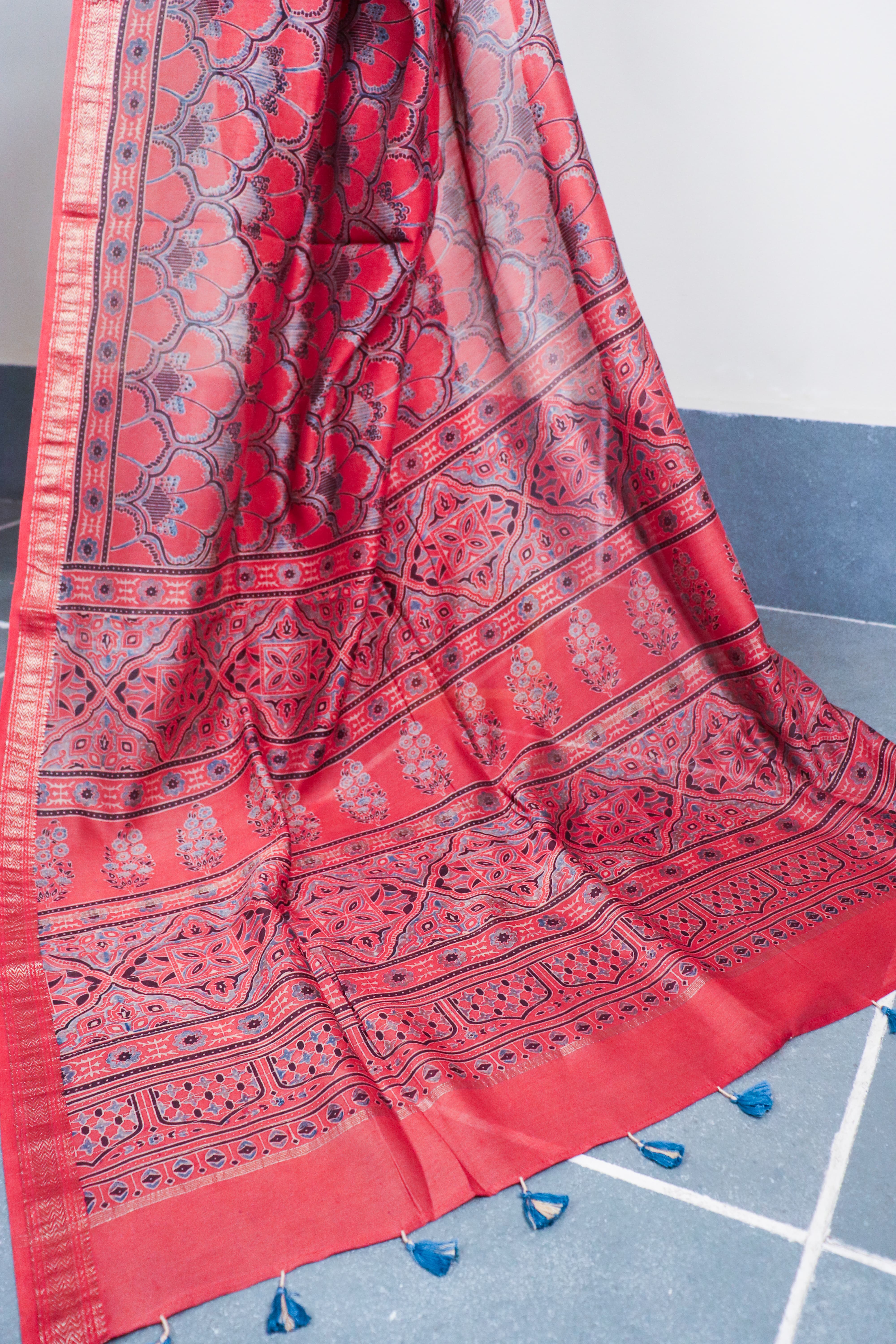 Ajrakh Blockprinted Maheshwari silkcotton saree # 64