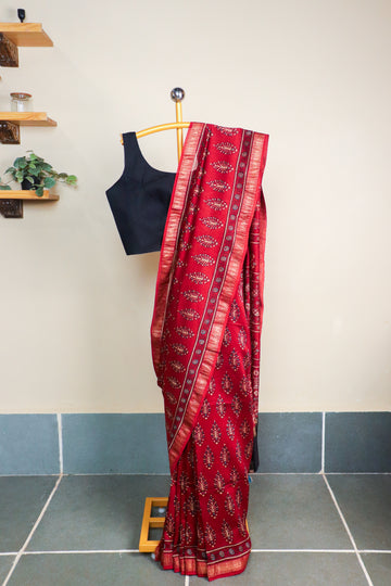 Ajrakh Blockprinted Maheshwari silkcotton saree # 65