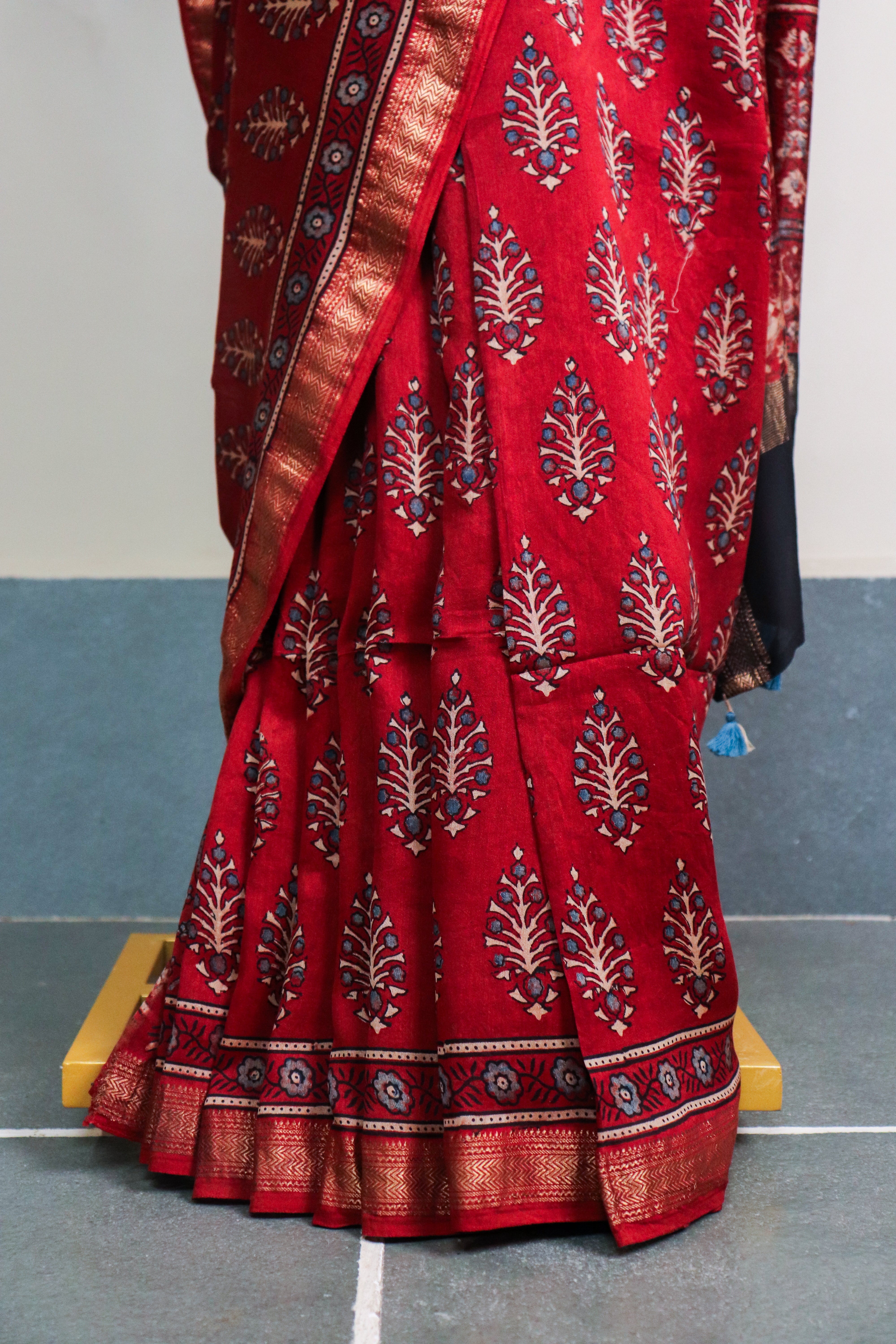 Ajrakh Blockprinted Maheshwari silkcotton saree # 65