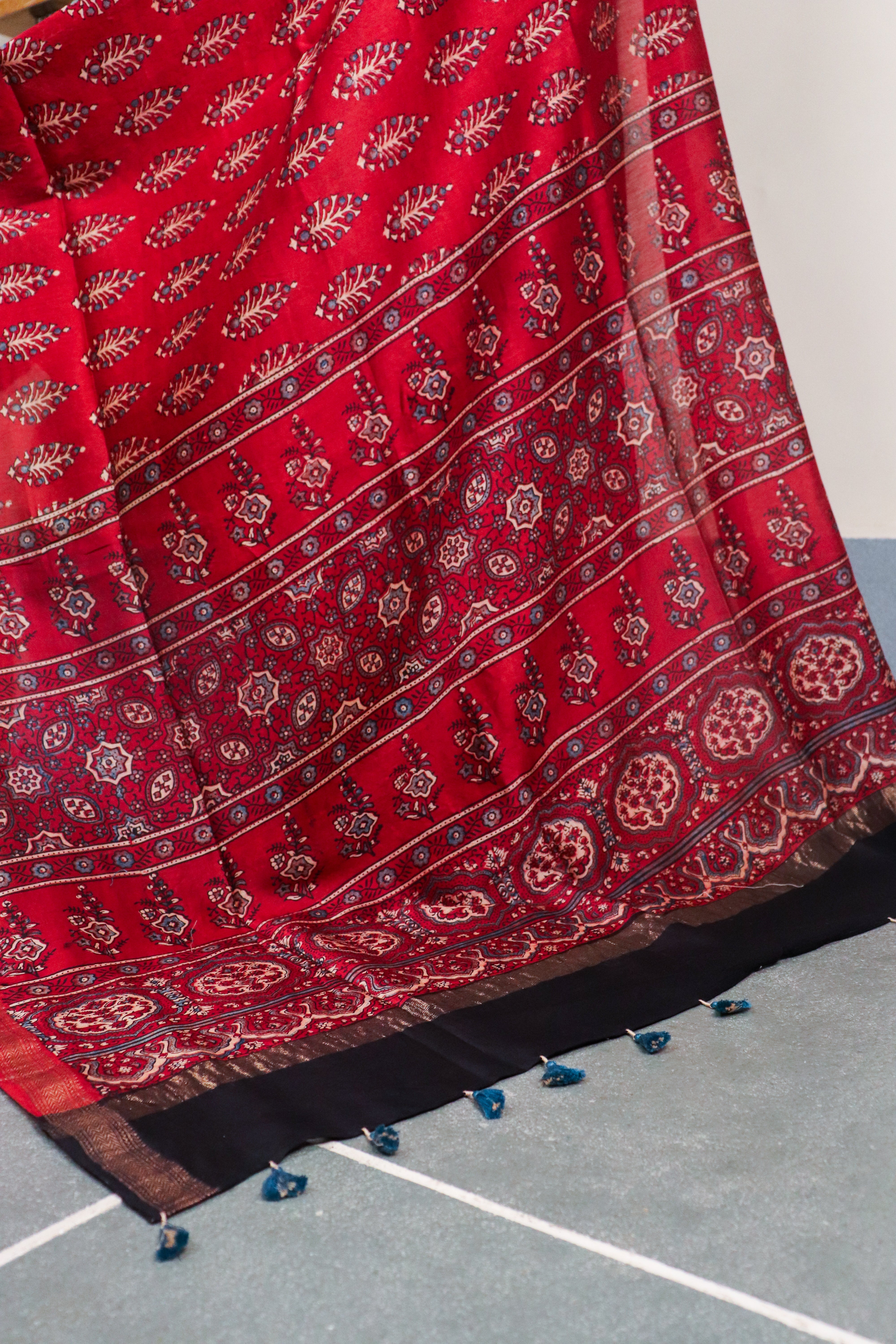 Ajrakh Blockprinted Maheshwari silkcotton saree # 65