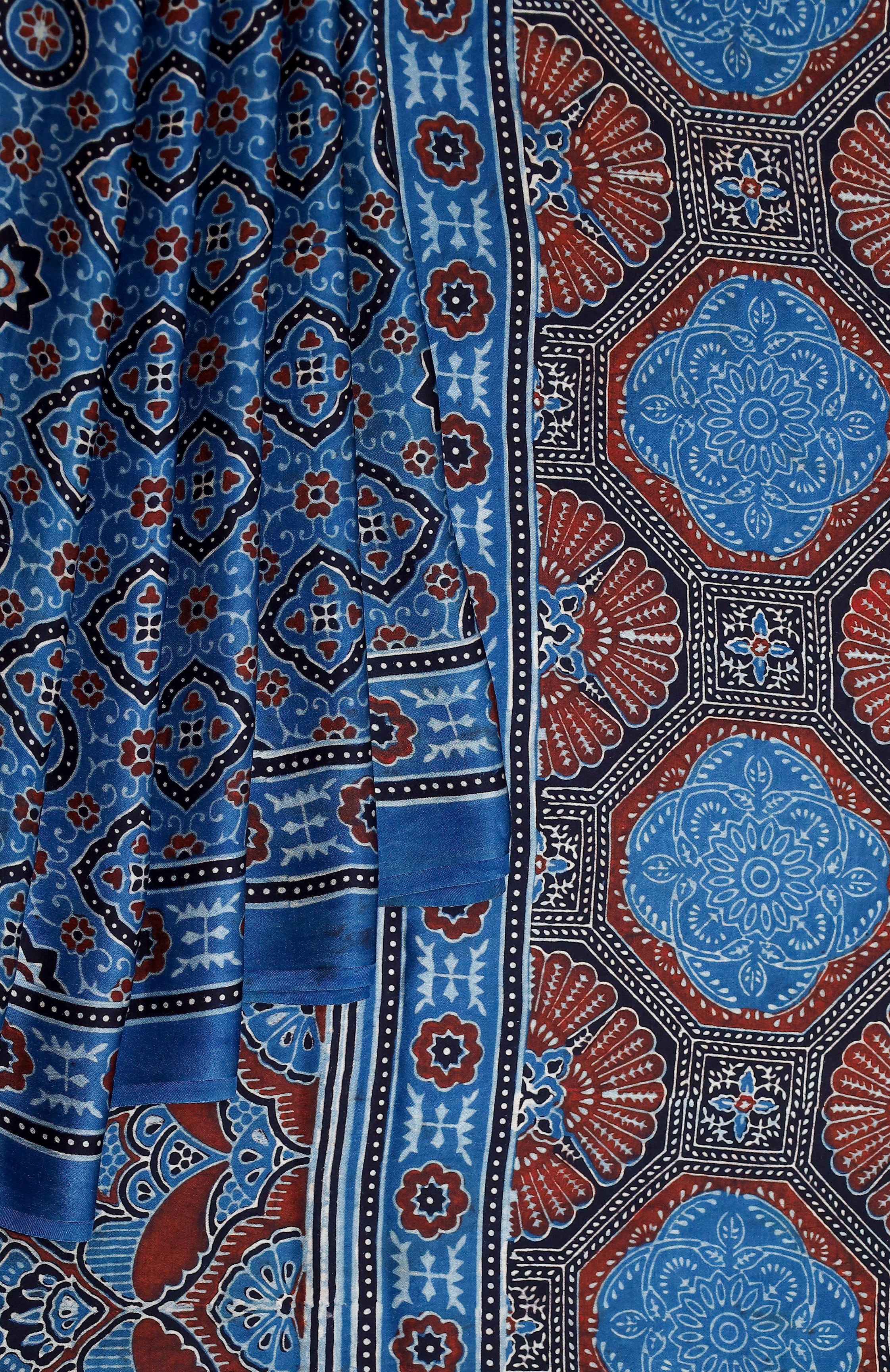 Ajrakh block printed Modal Silk Saree #22