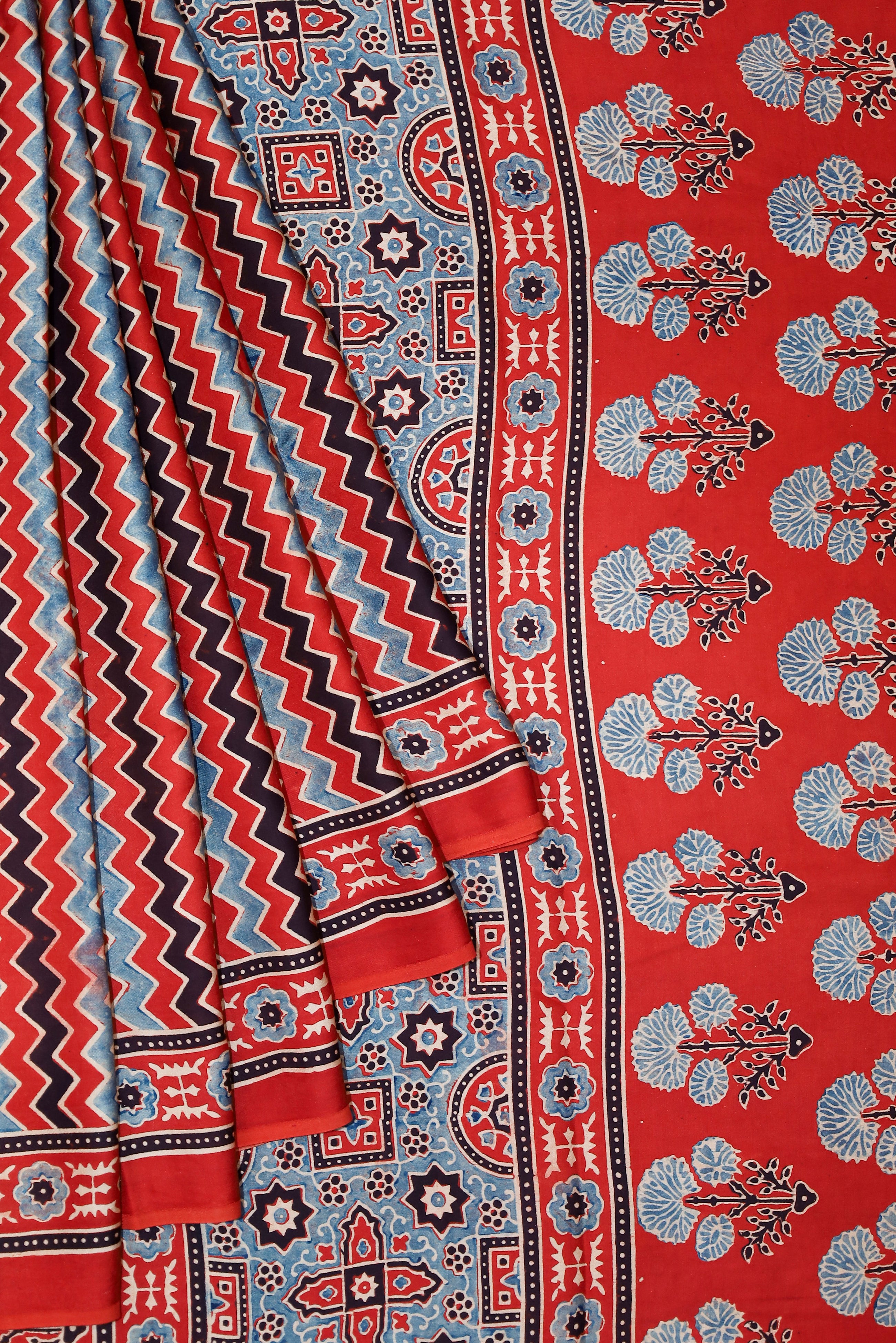 Ajrakh block printed Modal Silk Saree # 9