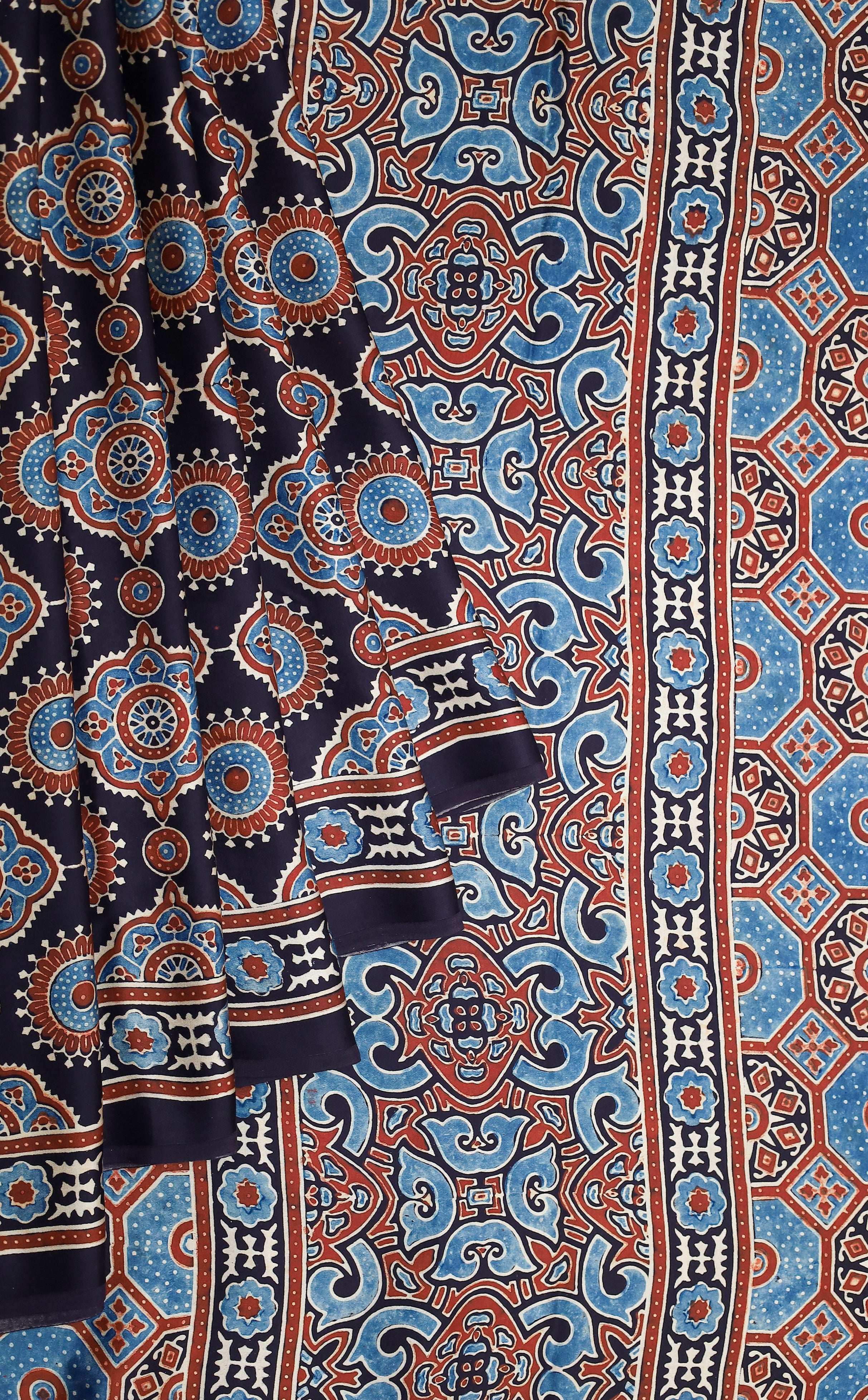 Ajrakh block printed Modal Silk Saree # 8